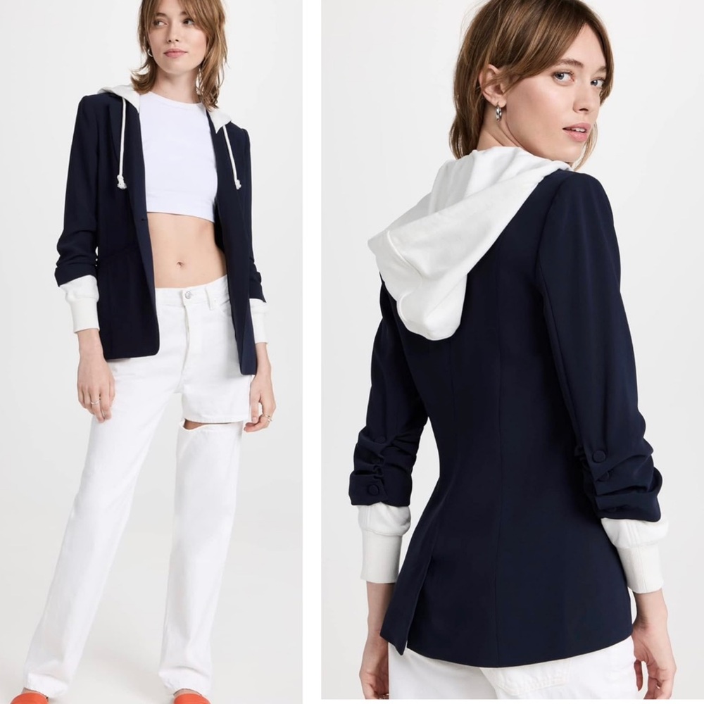Cinq a Sept Women’s Hooded Relaxed Fit Navy Blue and White Khloe Blazer Jacket - Picture 2 of 15
